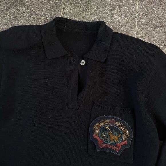 Womens Vintage 80s Duck Hunting Dog Patch Navy Blue Pullover Henley Sweater Sz L - Picture 2 of 3